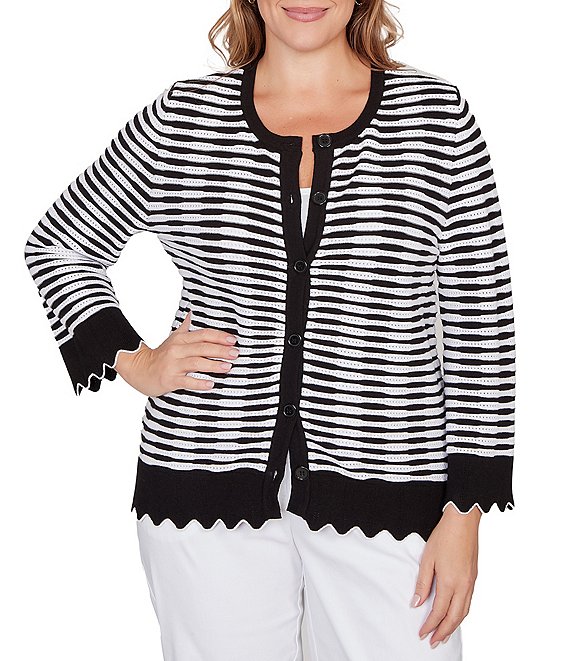 Ruby Rd. Plus Size Fine Gauge Stripe Scalloped Long Sleeve Button-Front Sweater