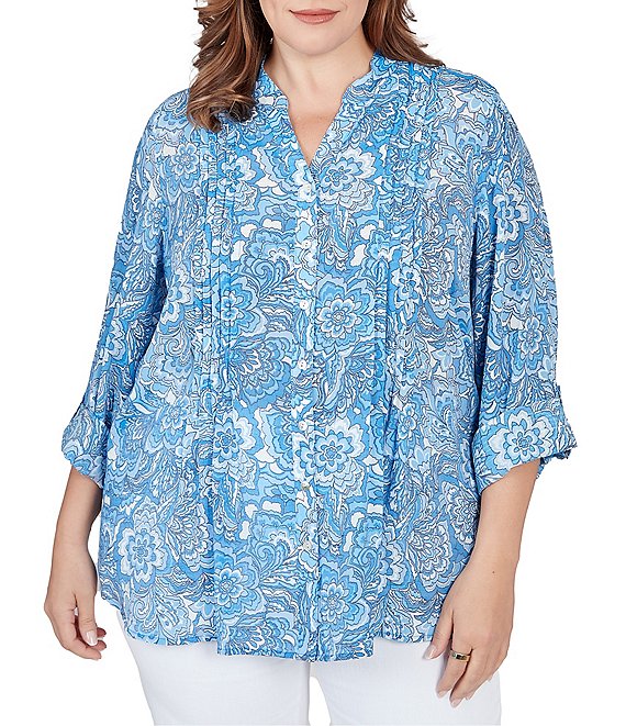 Ruby Rd. Plus Size Floral Print Band Notch V-Neck Roll-Tab Sleeve Pleat  Button-Front Blouse