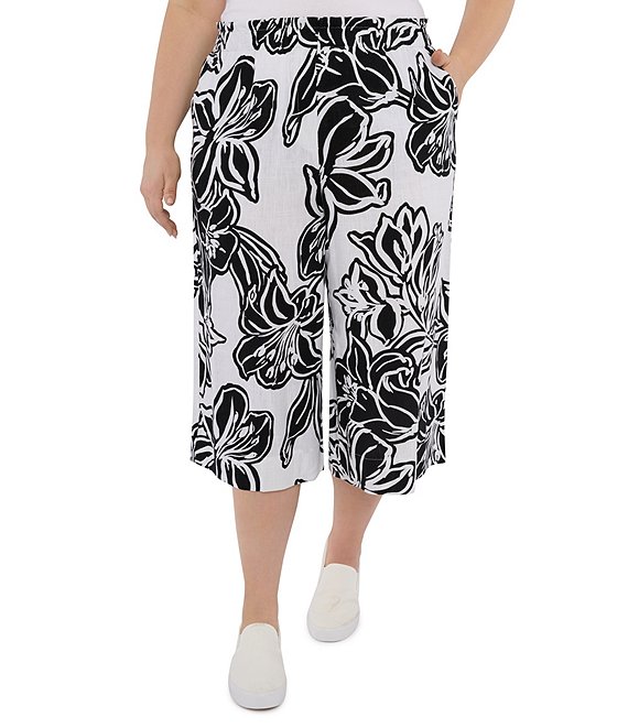 Ruby Rd. Plus Size Floral Print Linen Coordinating Wide Leg Pull-On Capri Pants
