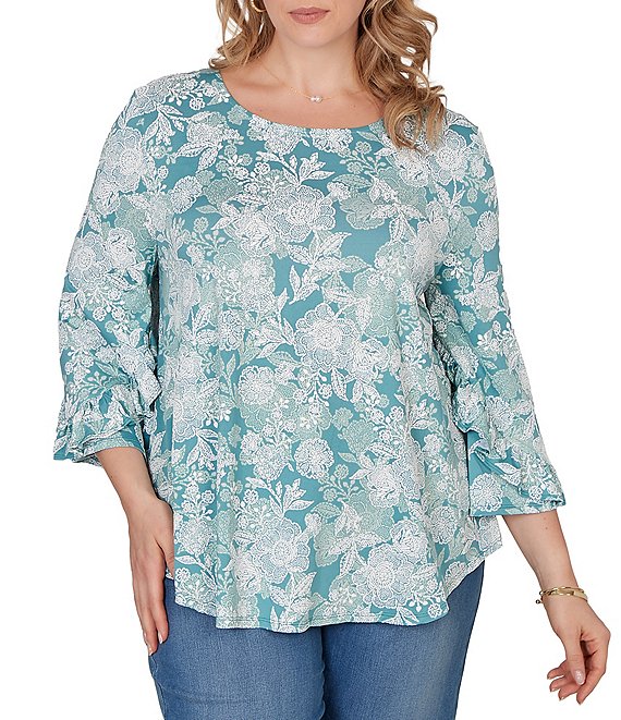 Ruby Rd. Plus Size Floral Scoop Neck 3/4 Ruffle Trim Sleeve Top
