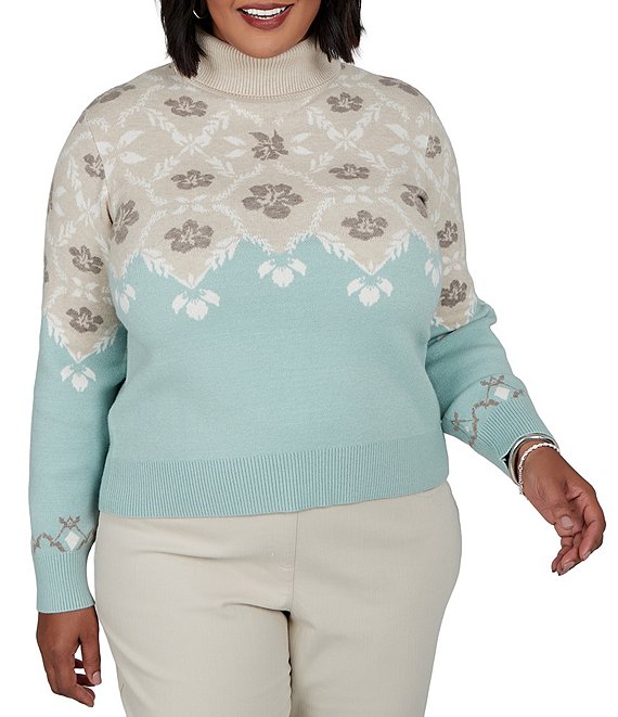 Ruby Rd. Plus Size Jacquard Knit Soft Floral Motif Fair Isle Turtle Neck Long Sleeve Sweater