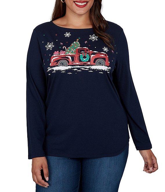 Ruby Rd. Plus Size Knit Christmas Classic Truck Boat Neck Long Sleeve Top