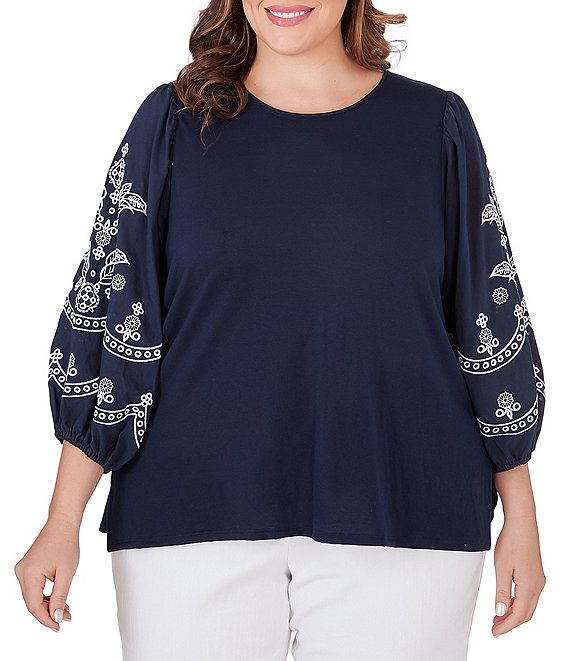 Ruby Rd. Plus Size Knit Crew Neck Embroidered 3/4 Balloon Sleeve Top ...