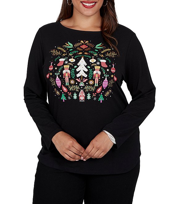 Ruby Rd. Plus Size Knit Festive Nutcracker Boat Neck Long Sleeve Top