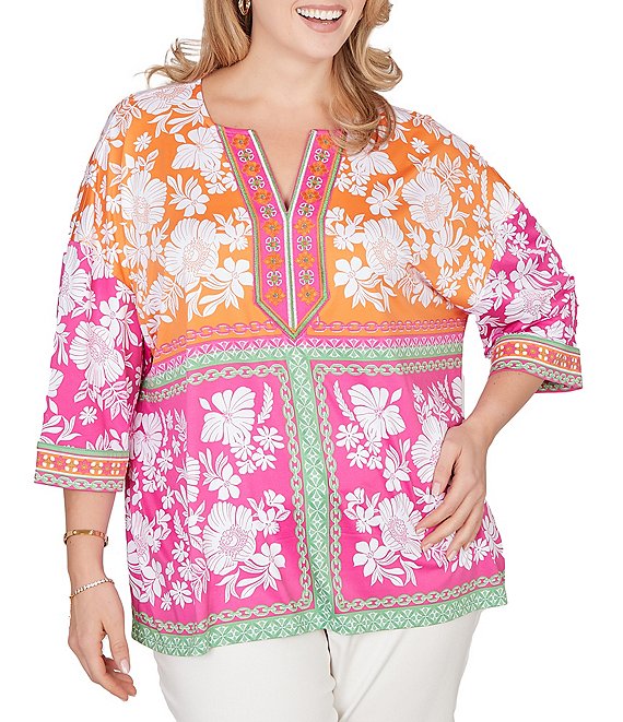 Ruby Rd. Plus Size Knit Floral Patchwork Print V-Neck 3/4 Sleeve Top