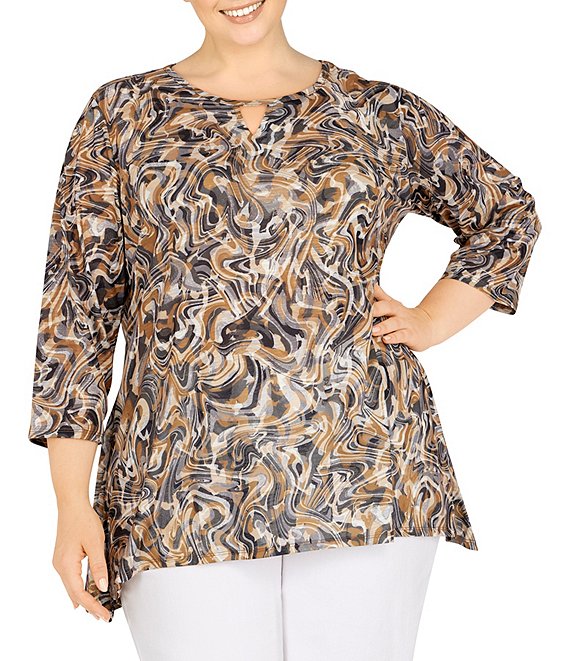 Ruby Rd. Plus Size Knit Marble Print Crew Keyhole Neck 3/4 Sleeve