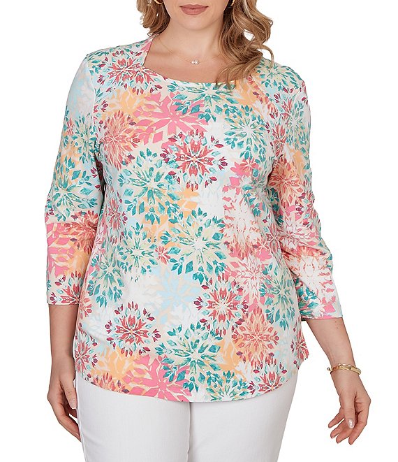 Ruby Rd. Plus Size Knit Medallion Floral Square Neck 3/4 Sleeve Top