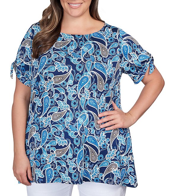 Ruby Rd. Plus Size Knit Paisley Puff Print Crew Neck Tie Short Sleeve ...