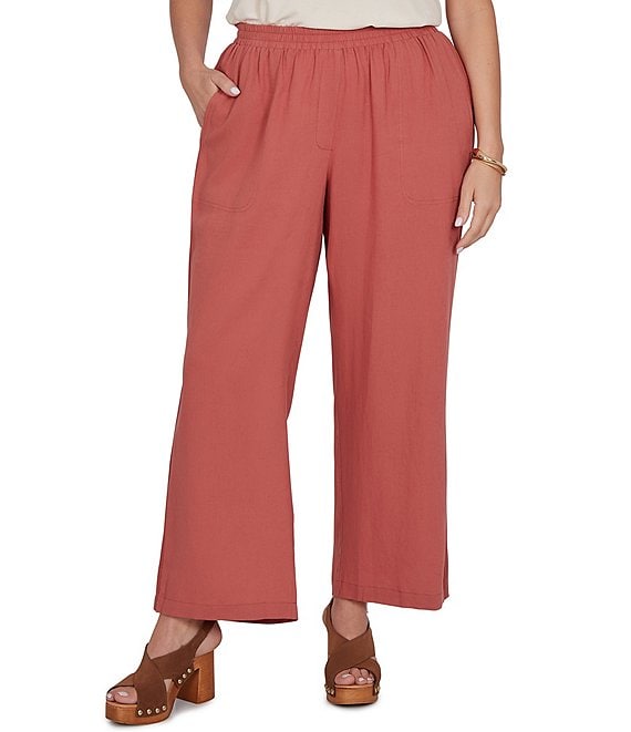 Ruby Rd. Plus Size Lightweight Ramie Lace Trim Sideseam Detail Wide-Leg Pull-On Pants