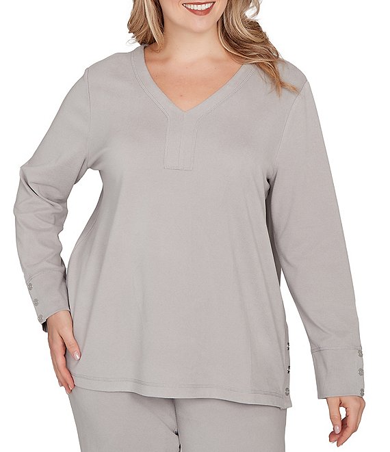 Ruby Rd. Plus Size Luxe Rib Knit V-Neck Long Sleeve Popover Top
