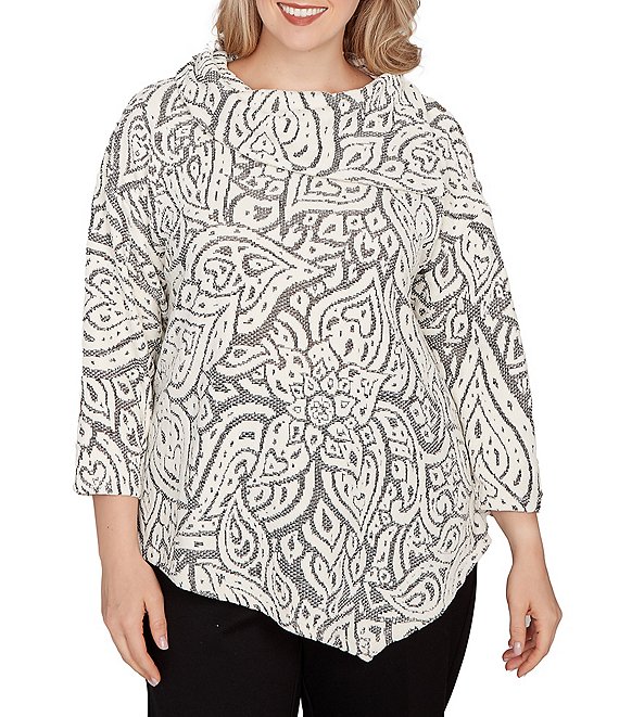 Ruby Rd. Plus Size Paisley Jacquard Split Cowl Neck 3/4 Sleeve Asymmetric Hem Top