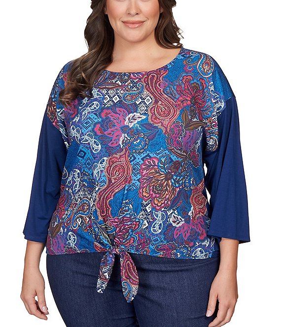 Ruby Rd. Plus Size Paisley Print Front Scoop Neck 3/4 Sleeve Solid Back Mix  Media Top