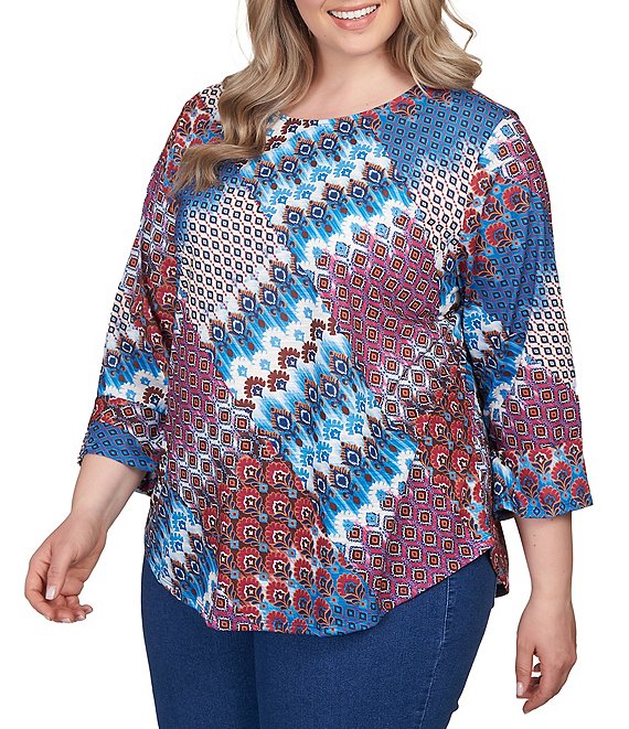 Ruby Rd. Plus Size Patchwork Print 3/4 Sleeve Shirt | Dillard's