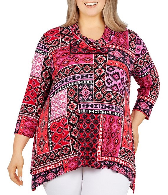 Ruby Rd. Plus Size Patchwork Print Knit Cowl Neck 3/4 Sleeve Shark Bite ...