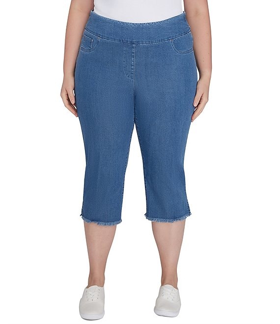 Ruby Rd. Plus Size Relaxed Fringe Hem Pull-On Denim Pants