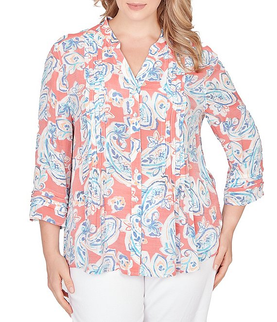Ruby Rd. Plus Size Silky Gauze Paisley Split V-Neck 3/4 Sleeve Button Front Top