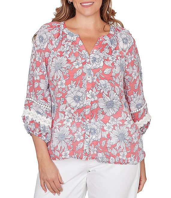 Ruby Rd. Plus Size Silky Gauze Woven Floral Split V-Neck 3/4 Lace Inset Sleeve Blouse