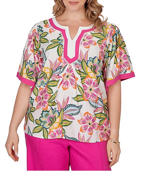 Ruby Rd. Plus Size Silky Voile Tropical Floral Split V-Neck Elbow Sleeve Blouse