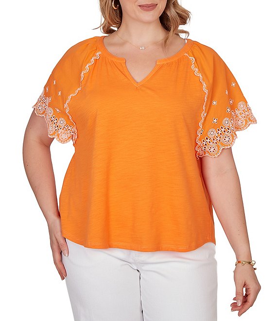 Ruby Rd. Plus Size Slub Knit Split V-Neck Short Embroidered Sleeve Top