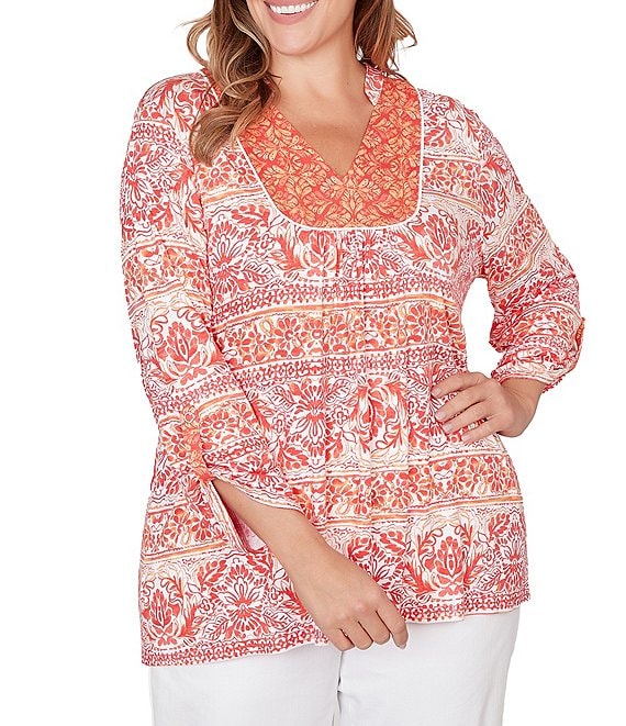 Ruby Rd. Plus Size Slub Knit Woodblock V-Neck 3/4 Roll-Tab Sleeve Top