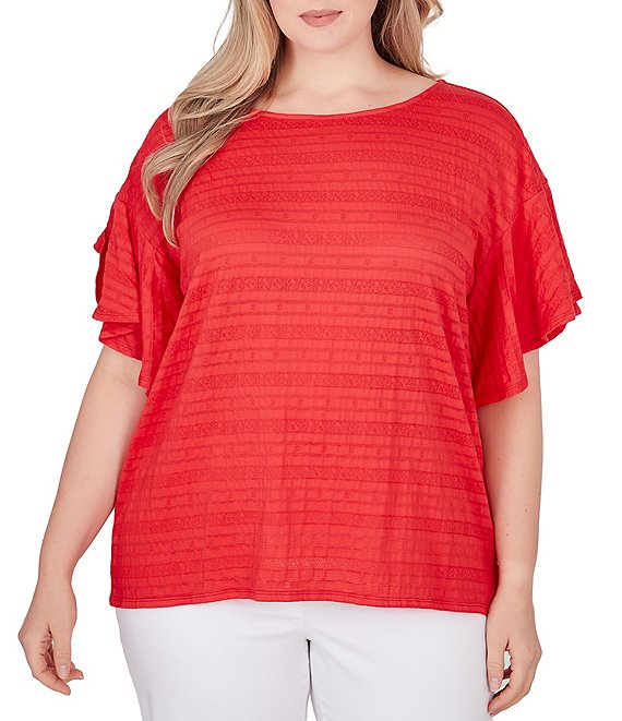 Ruby Rd. Plus Size Smocked Knit Crew Neck Short Flutter Sleeve Top ...