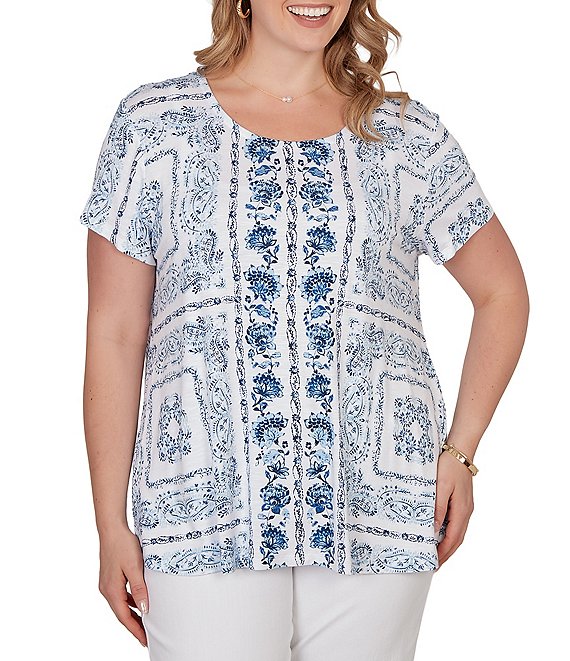 Ruby Rd. Plus Size Soft Knit Bandana Scoop Neck Short Sleeve Top