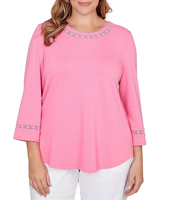 Ruby Rd. Plus Size Soft Textured Knit Crew Neck 3/4 Sleeve Lace Trim Top