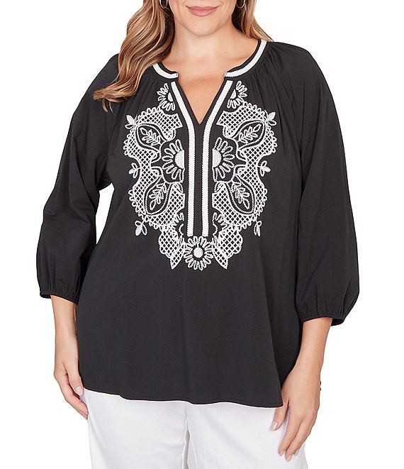 Ruby Rd. Plus Size Soft Woven Embroidered Split V-Neck 3/4 Sleeve Top