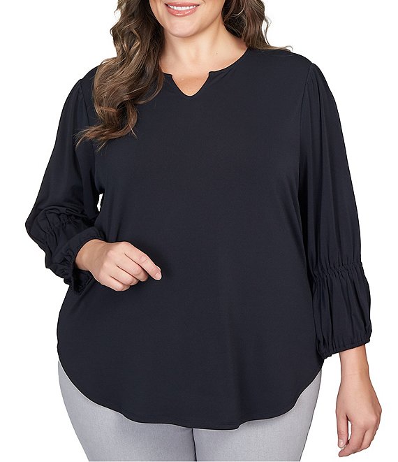 Ruby Rd. Plus Size Solid Crepe Notch Neck 3/4 Gathered Sleeve Top ...