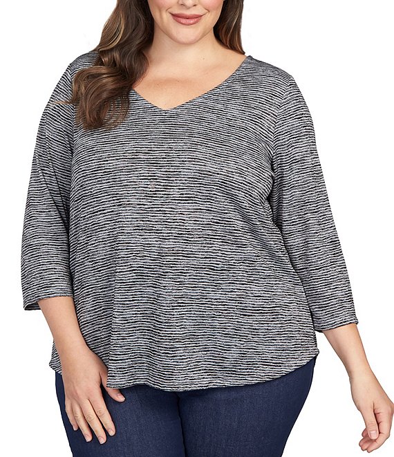 Ruby Rd. Plus Size Space Dyed Knit V-Neck 3/4 Sleeve Shirt | Dillard's