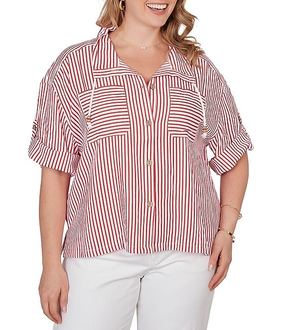 Ruby Rd. Plus Size Spliced Stripe Spread Collar 3/4 Roll-Tab Sleeve Button-Front Jacket