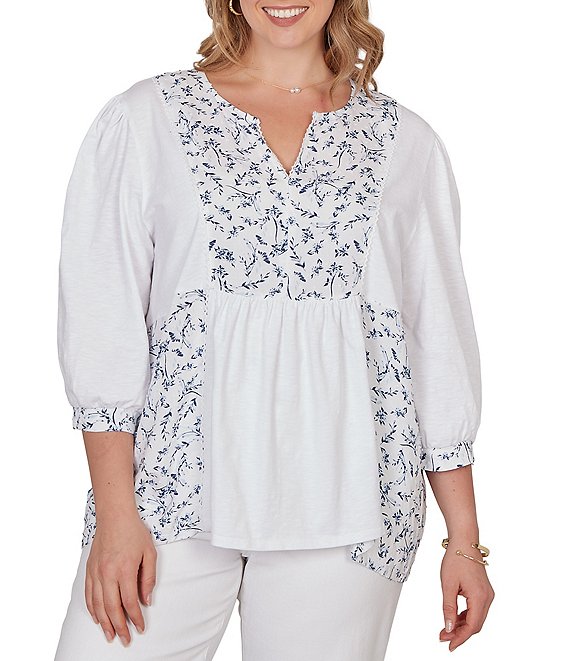 Ruby Rd. Plus Size Split V-Neck 3/4 Sleeve Sharkbite Hem Flowy Top