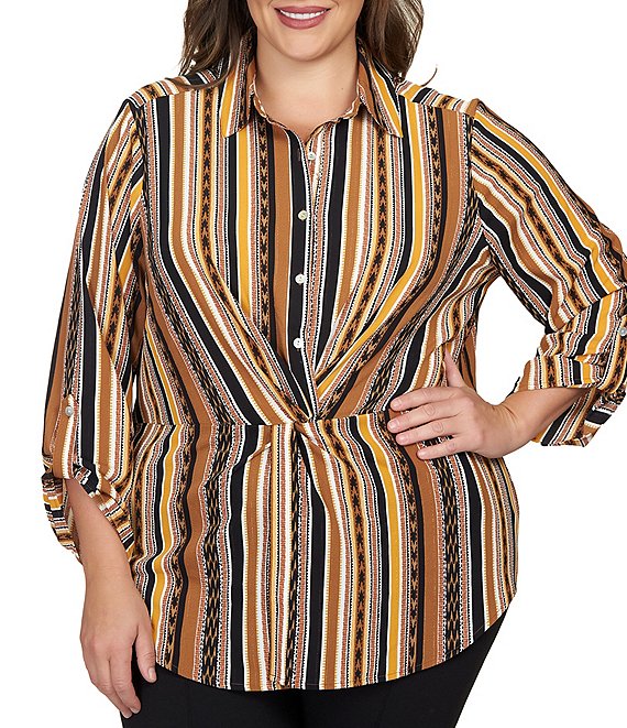 Ruby Rd. Plus Size Stripe Crepe Metallic Detail Roll-Tab Sleeve Twist Front  Half-Button Front Top