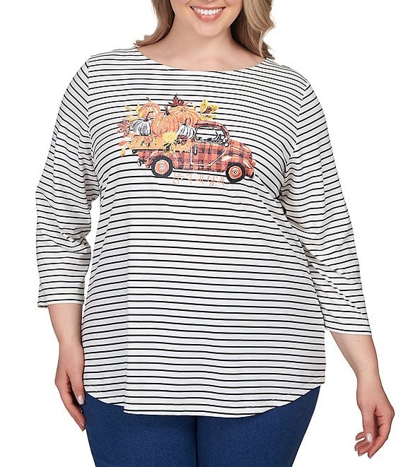 Ruby Rd. Plus Size Stripe Fall Graphic Print Boat Neck 3/4 Sleeve Top