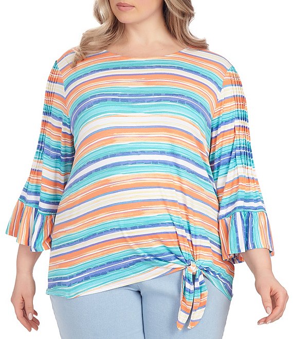 Ruby Rd. Plus Size Stripe Print Scoop Neck Pleat Bell Sleeve Tie-Front Shirt