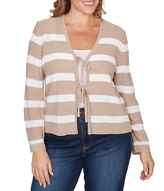 Ruby Rd. Plus Size Stripe V-Neck Long Sleeve Tie-Front Sweater