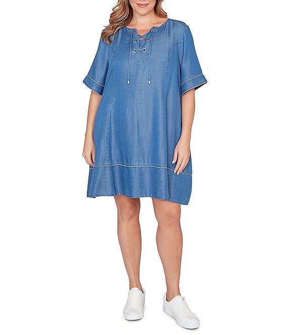 Ruby Rd. Plus Size Tencel™ Split Neck Short Sleeve Lace-Up Shift Dress