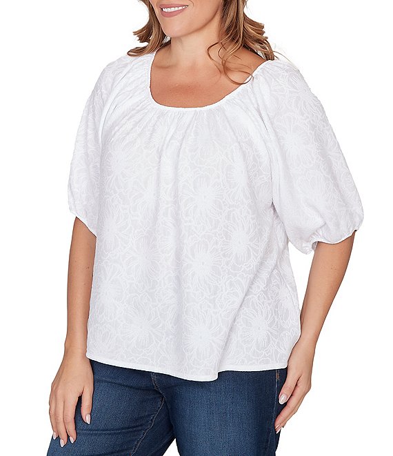 Ruby Rd. Plus Size Textured Jacquard Floral Scoop Neck Elbow