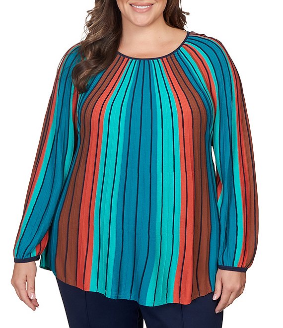 Color:Teal Multi - Image 1 - Plus Size Textured Stripe Print Long Blouson Sleeve Top