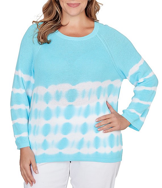 Ruby Rd. Plus Size Tie-Dye Crew Neck Bracelet Sleeve Cotton Rib Sweater Knit Top