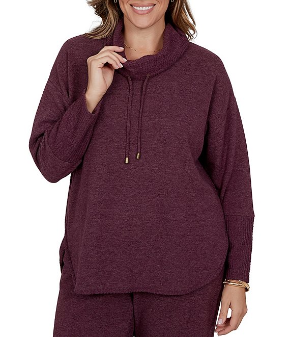 Ruby Rd. Plus Size Waffle Knit Drawstring Draped Cowl Neck Long Sleeve Top