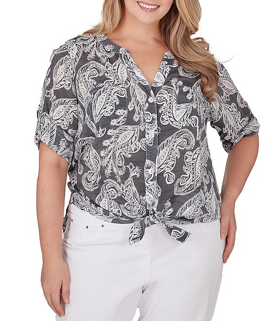 Ruby Rd. Plus Size Woven Paisley Print Banded Collar Short Roll-Tab ...