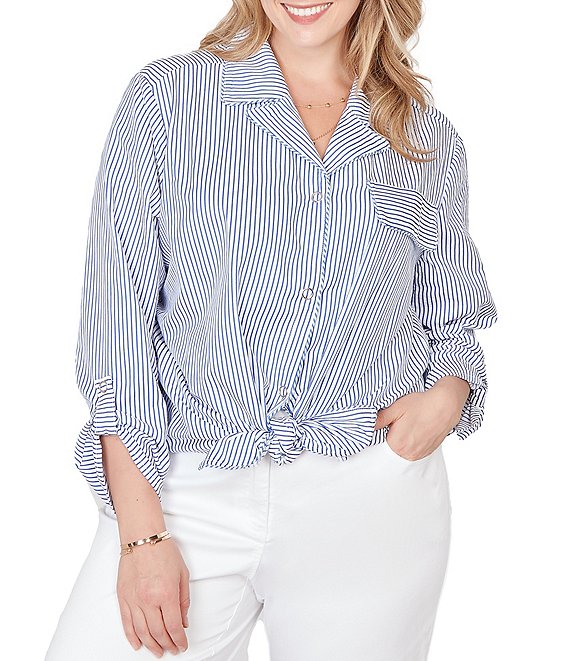 Ruby Rd. Plus Size Woven Stripe Notch Lapel Collar Long Roll-Tab Sleeve Tie-Front Shirt