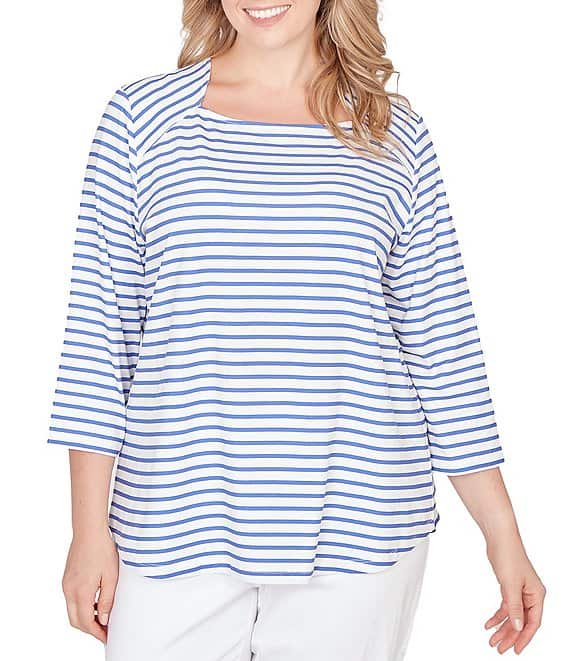 Ruby Rd. Plus Size Yarn-Dyed Cotton Jersey Striped Square Neck 3/4 Sleeve Tee Top
