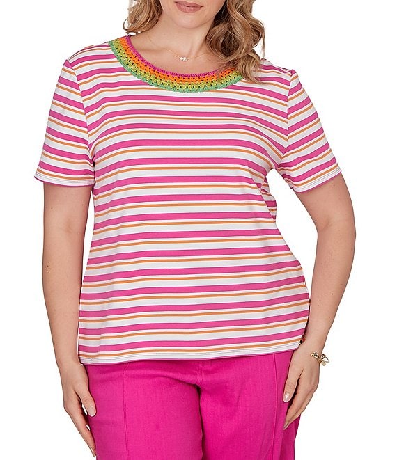 Ruby Rd. Plus Size Yarn-Dyed Stripe Crochet Embellished Scoop Neck Short Sleeve Tee