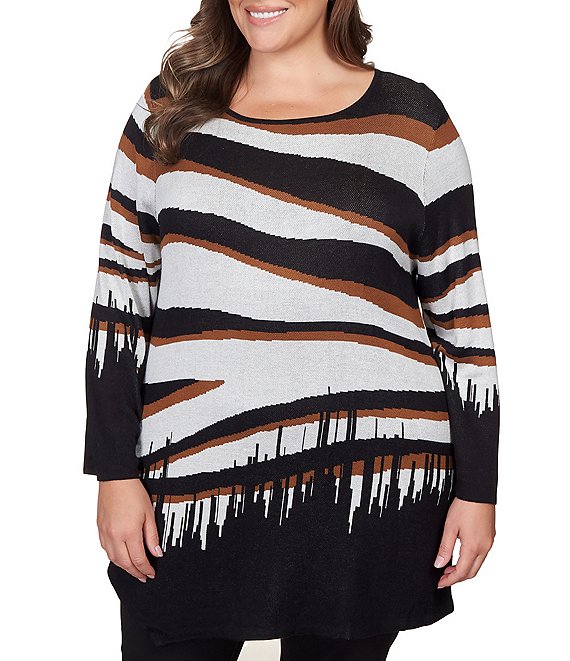 Color:Black Multi - Image 1 - Plus Size Zebra Print Scoop Neck Long Sleeve Asymmetrical Hem Sweater