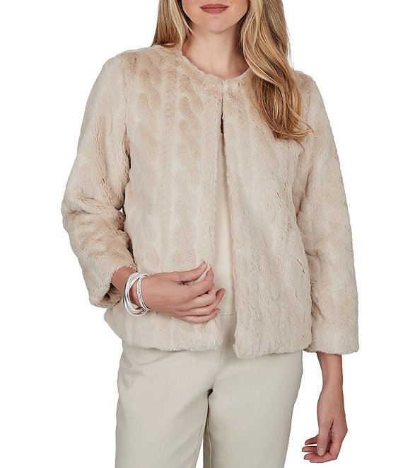 Ruby Rd. Plush Faux Fur Round Neck Bracelet Length Sleeve Jacket