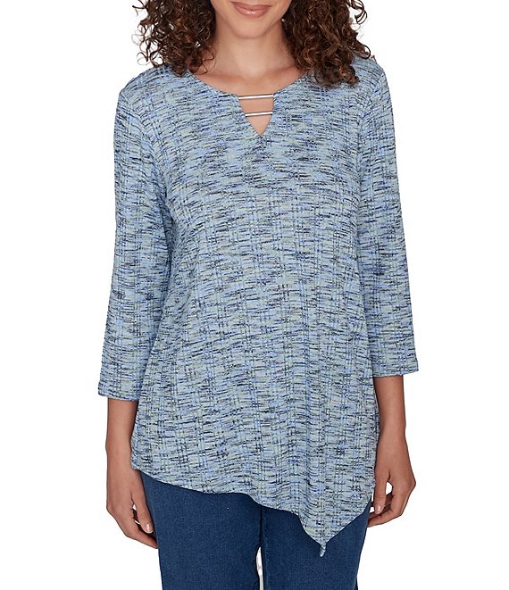 Ruby Rd. Printed Knit Keyhole V Neck 3 4 Sleeve Asymmetric Hem Top