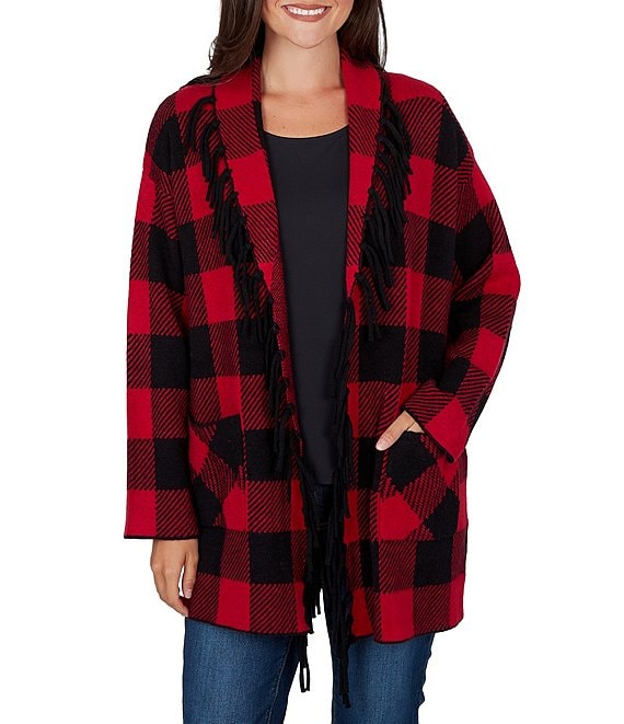 Ruby Rd. Red Black Buffalo Plaid Shawl Collar Long Sleeve Fringe Open Front Cardigan