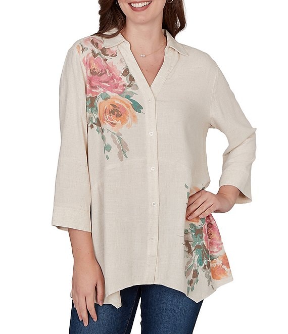 Ruby Rd. Sand-Washed Linen Collared V-Neck 3/4 Sleeve Button Front Coordinating Tunic
